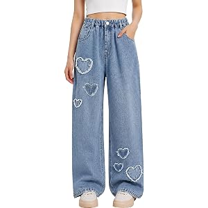Rolanko Girls Baggy Jeans, Wide Leg Denim Pants for Tween Girls, Fashion Casual Jeans for School Everyday Wear 7-14Y