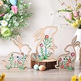BrightRow 3 Pcs Easter Decorations Floral Bunny Wooden Table Centerpiece Signs Tabletop Stand Rabbit Decor with Flowers Farmhouse Tiered Tray Decor for Easter Spring Party Gifts Home