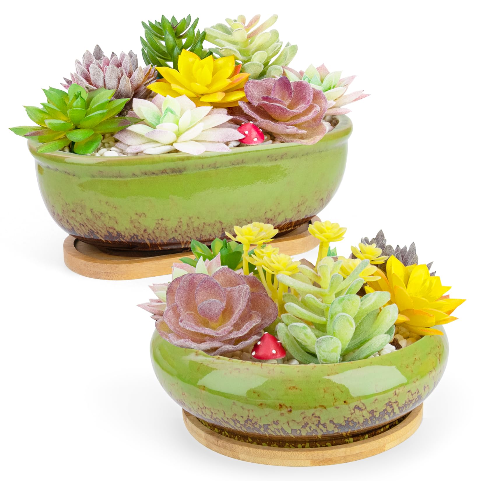 ARTKETTY Succulent Plant Pot - Large Ceramic Bonsai Pot with Drainage Tray, 1 Rectangle Planter + 1 Round Plant Pot for Indoor Cactus Flower Plants Decorative Garden Home