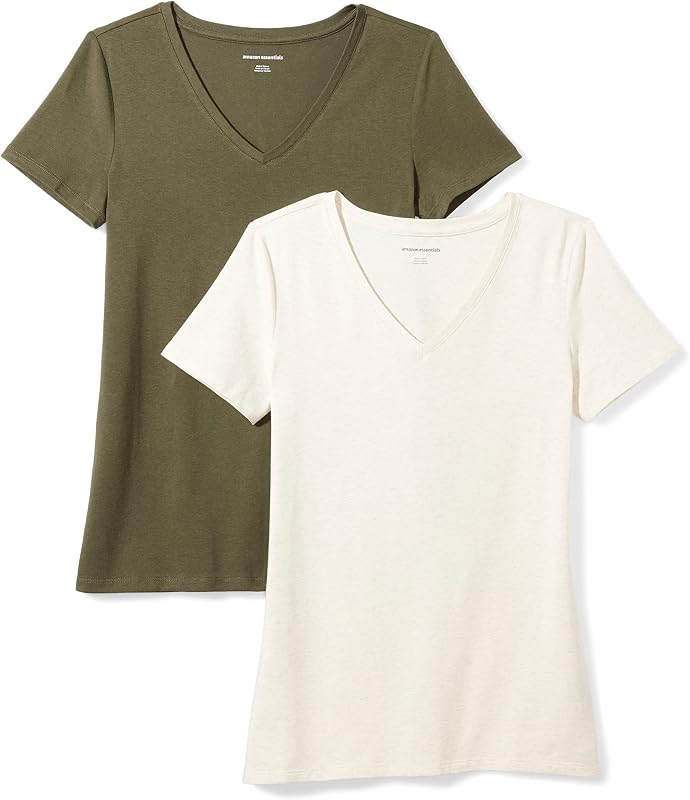 Damen T-Shirt Regular Fit mit kurzen Ärmeln und V-Ausschnitt, 2er-Pack, Olivgrün/Haferbeige Meliert, M