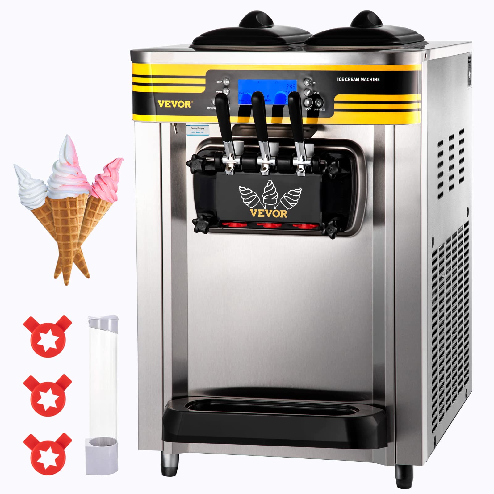 Photo 1 of ***CHECK NOTES*** VEVOR Commercial Ice Cream Maker, 22-30L/H Yield, 2350W Countertop Soft Serve Machine with 2x6L Hopper 2L Cylinder LCD Panel Puffing Shortage Alarm, Frozen Yogurt Maker for Restaurant Snack Bar, Silve