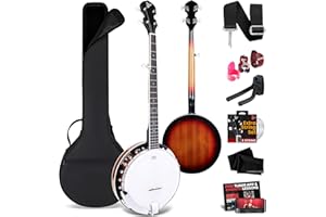 Pyle Banjo Kit with Remo Head and Sapele Resonator, 39" Full Size Traditional Open or Closed Back 5 String Instrument with 24 Brackets, Geared 5th Tuner, Premium Accessory Kit (Sun Burst)