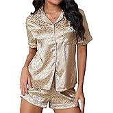 OYOANGLE Women's 2 Piece Leopard Satin Pajama Set Button Down Shirt and Shorts Pjs Sleepwear
