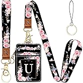 A-Z Letter 2-in-1 ID Badge Holder & Lanyard Wallet for Teachers,Nurse,Professionals-Cute Zippered Coin Pouch,Removable Wristlet & Neck Lanyard,5 Card Slots Stylish Work Essential U