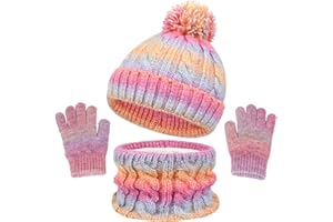 Kids Hat Scarf Gloves Set – 3-in-1 Winter Knitted Hat Scarf and Gloves Set for Kids with Pom Pom Beanie