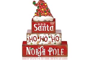 Moucuny 4 Pcs Christmas Table Sign Christmas Hat Wooden Decorative Signage Xmas Tiered Tray Decor Winter Centerpieces Farmhouse Wooden Block Set Xmas Table Sign for Home