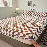 KAREVER Pumpkin Grid Bed Sheet Set White Checkered 4 PCs Bedding Sheet Set 1 Fitted Sheet 1 Flat Sheet with 2 Pillowcases Pumpkin Color Plaid Sheet Full Size