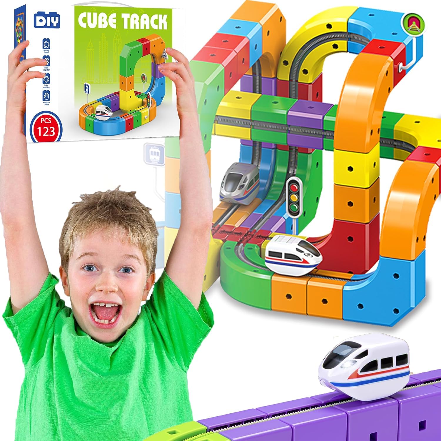 Azazaza Gravity Electric Train Set, 123PCS 3D Gravity-Defying Electric Magnetic Train Set for Boys Girls, STEM Learning Track Fusion Toys with Train Cube Track, Sensory Toys for Autism 3 4 5 6 7 8 9