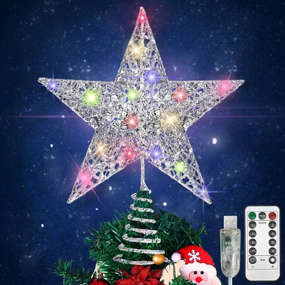 Tree Toppers - Raxurt Christmas Tree Topper, 40 LED USB Lighted Star Tree Topper with Remote Control Christmas Decorations for Indoor Home Decor,11IN Large (Silver)