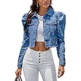 SEMATOMALA Women's Casual Ripped Puff Sleeve Button Front Jean Denim Jacket Long Sleeve Cropped Spring Coat