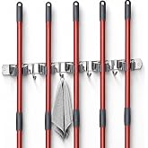 voze 5 Racks and 4 Hooks Mop and Broom Holder Wall Mount, Self Adhesive Heavy Duty Broom Hanger Organizer Storage Tool Racks for Kitchen Garden Laundry Garage