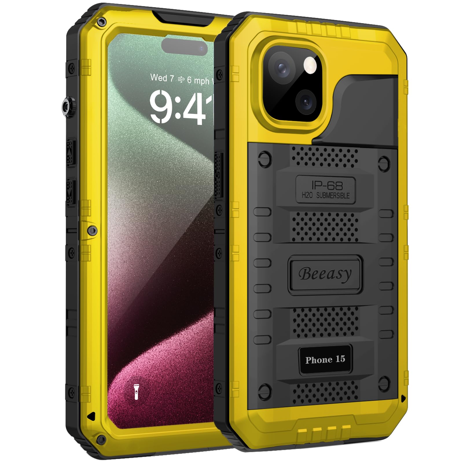 Beeasy for iPhone 15 Case Waterproof Heavy Duty Tough Metal Armour Cover Shockproof Dustproof Built-in Screen Protector, Robust 360 Full Body Military Protective Rugged Case for iPhone 15, Yellow