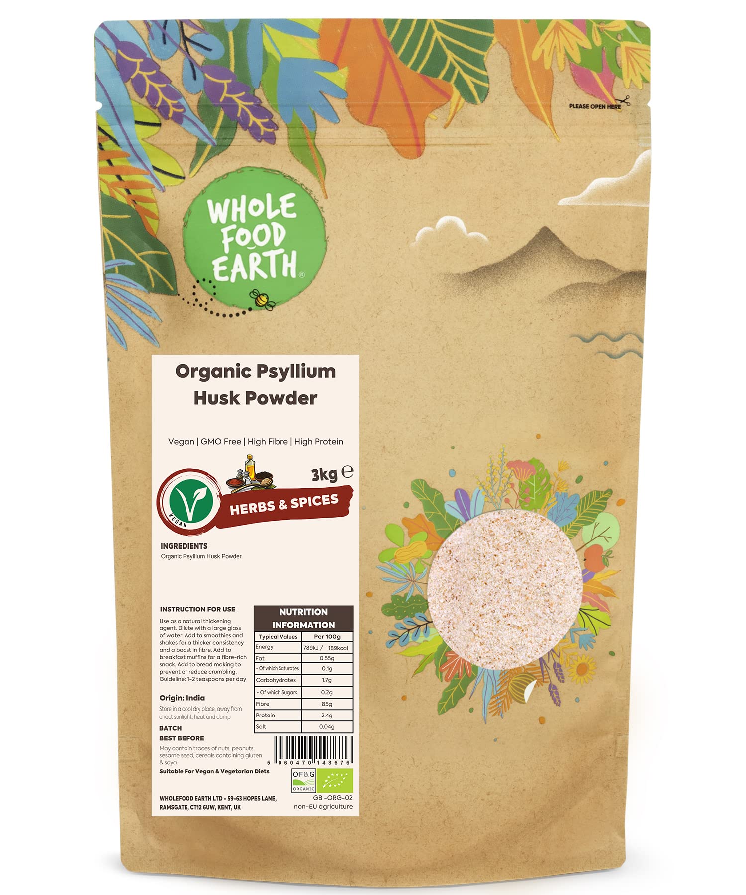 Wholefood Earth Organic Psyllium Husk Powder 3kg Vegan | GMO Free | High Fibre | High Protein | Certified Organic