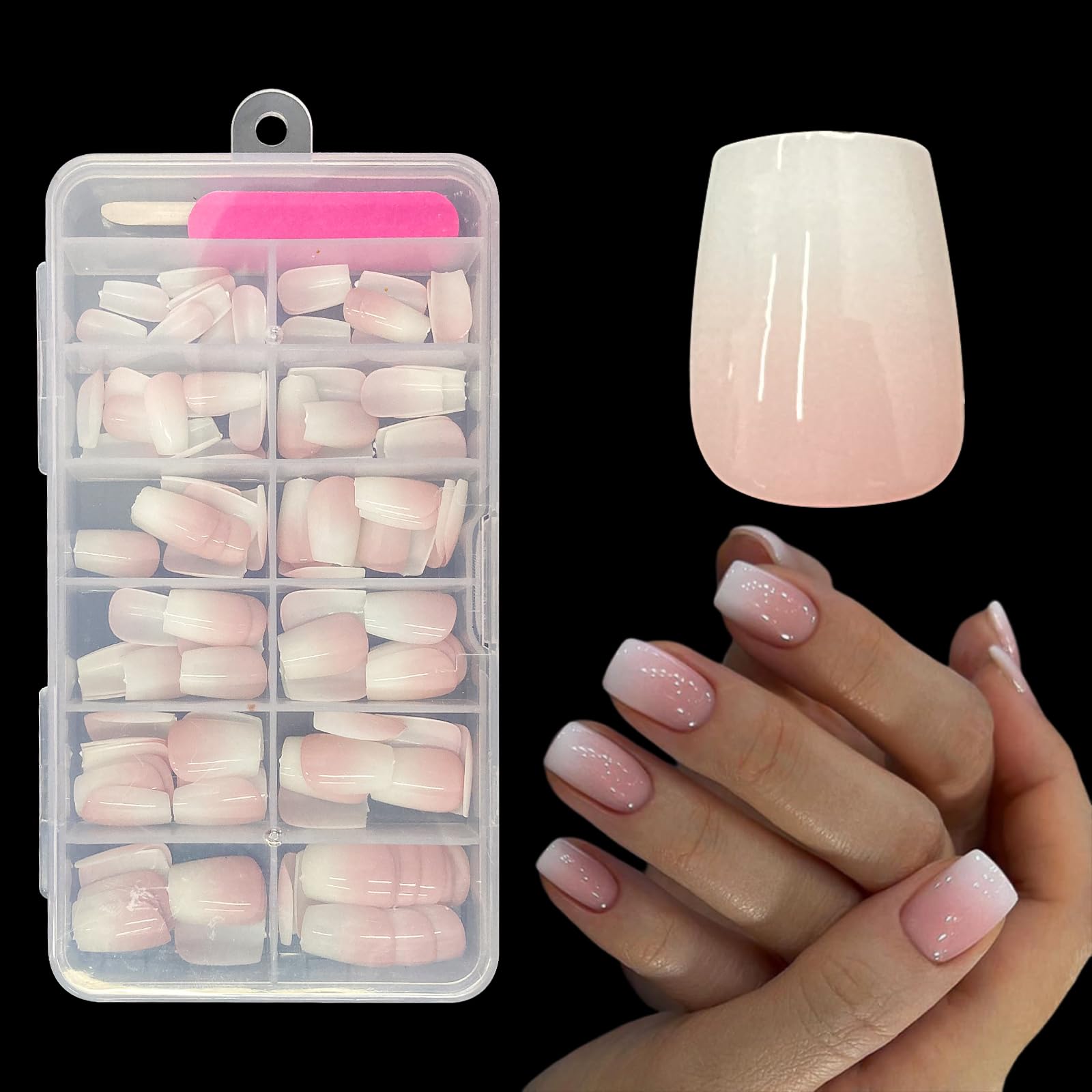 ZAHRVIA 120 Pcs French False Nails - White Pink Press on Nails - Full Cover False Nails Square Stick on Nails - French Short Square (Gradient White Pink)