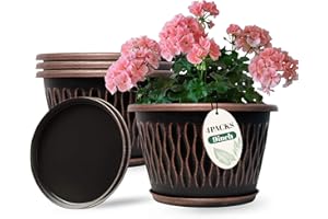 Usocik 4 Pack 9 Inch Retro Plant Pots, Vintage Striped Flower Pots with Drainage Hole & Saucer, Large Plastic Planters for Indoor and Outdoor Plants, Decorative Garden Pots(Copper)