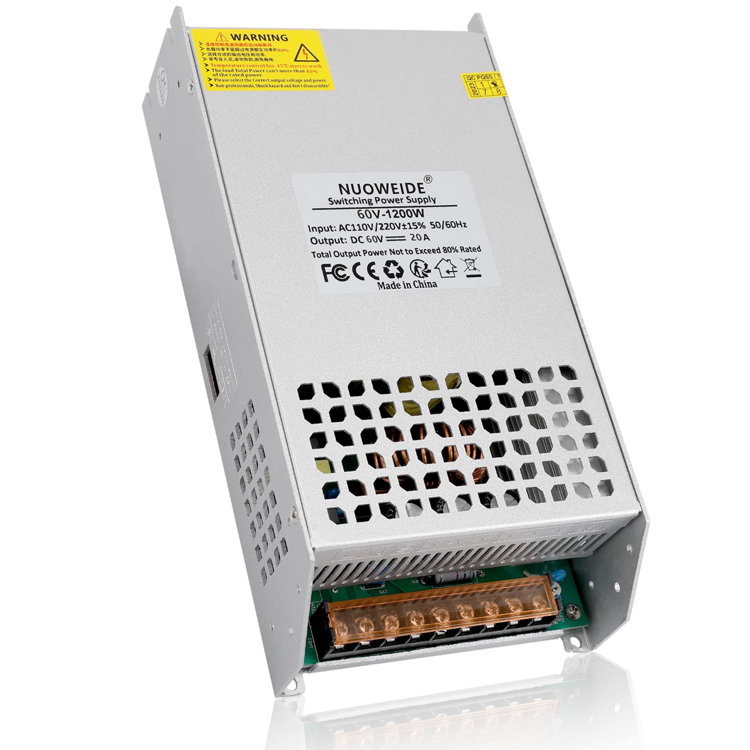 Photo 1 of NUOWEIDE DC 60V 20A 1200W Power Supply 110V AC to DC 60V Converter 1200W Switch Power Supply Transformer for 60Volt Drive Sensor System Lamp Meter Controller Servo Electric Motor