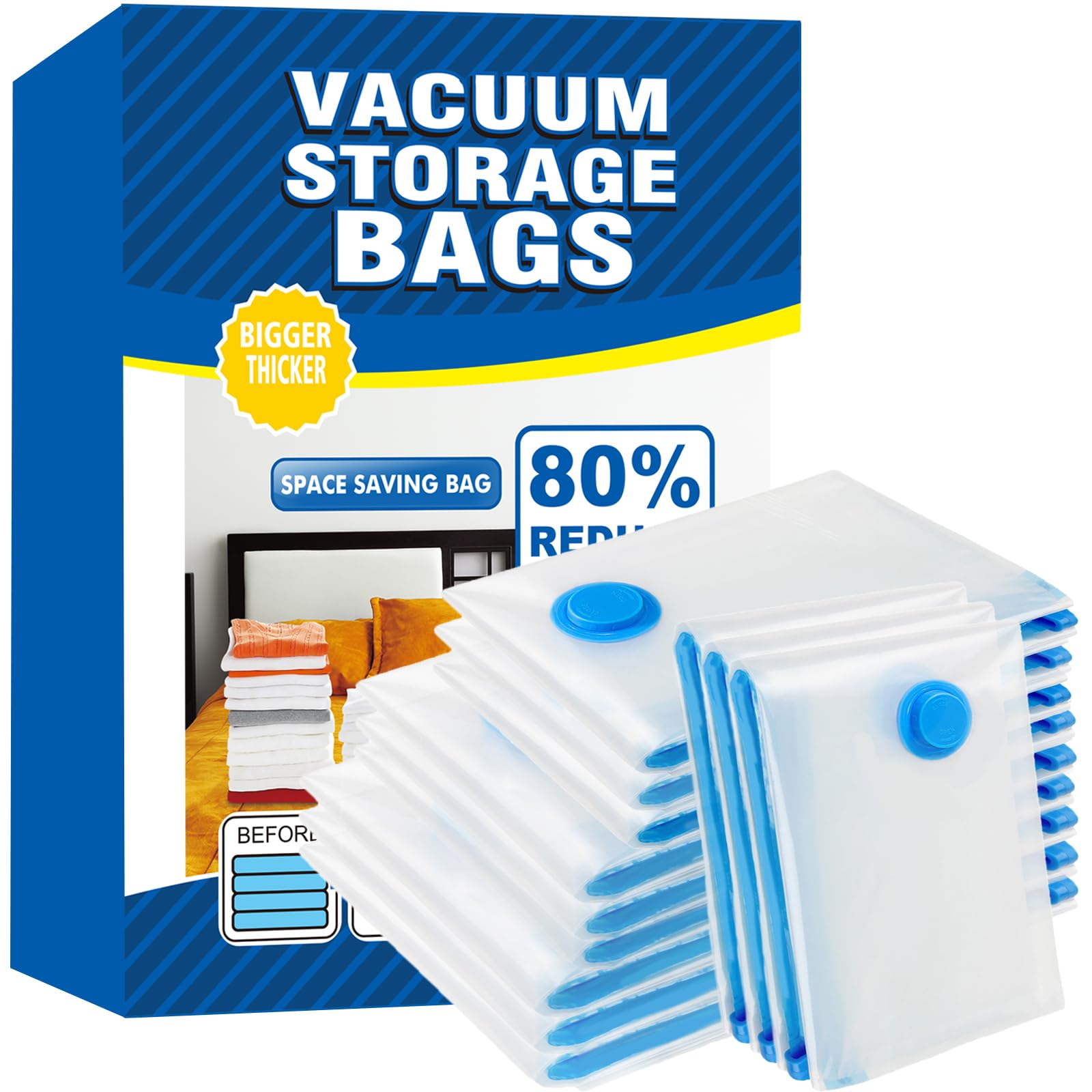 Vacuum Storage Bags - 12 Pack Reusable Strong Space Saver Compression Bags - Vacuum Pack Bags Double Zip Seal Travel Vacuum Storage Bags for Clothes Duvets Quilts Bedding(3Jumbo+3Large+3Medium+3Small)