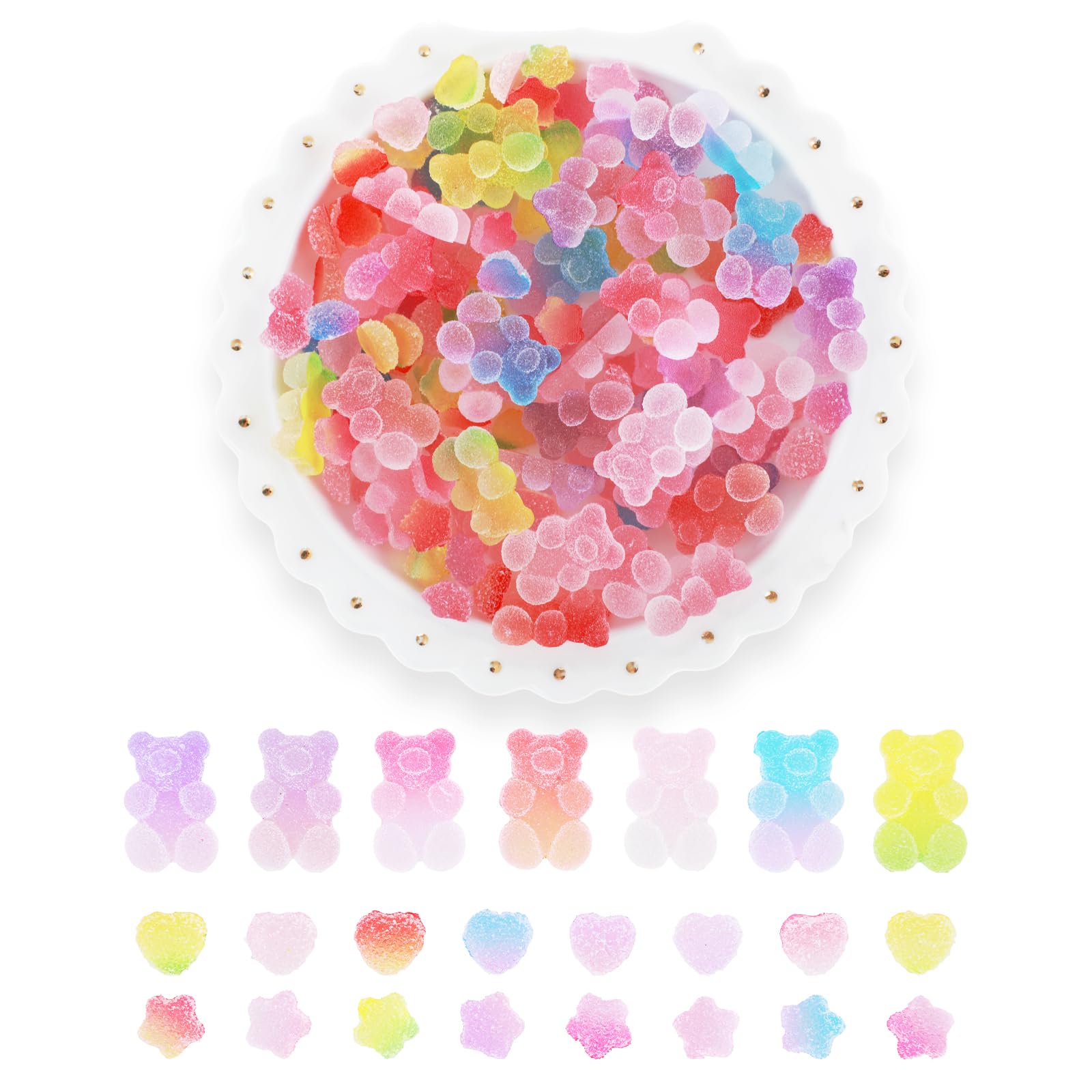 120pcs Kawaii Slime Charms 3D Cute Mini Flatback Nail Gummy Bear Beads Bulk Resin Jewelry Making Candy Embellishments Supplies Multi-Sized Jelly Sugar Heart Star Charms for DIY Cell Phone Scrapbook