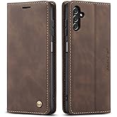 QLTYPRI for Samsung Galaxy A13 5G case Vintage PU Leather Wallet Case TPU Bumper Card Slots Hands-Free Kickstand Magnetic Closure Shockproof Flip Folio Case for Samsung A13 5G/A04s - Coffee Brown
