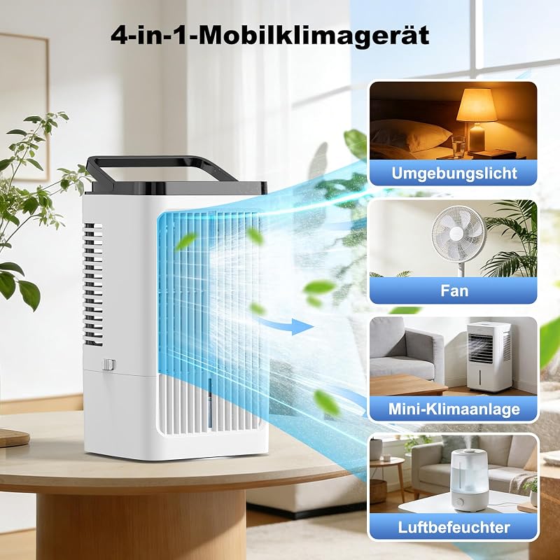Klimaanlage Mobil, Mini Luftkühler, mit 2 Sprühstufen & 4 Geschwindigkeitsstufen, 1200ml Wassertank, 7 Farben Nachtlicht, 1-8 Stunden Timer, für Schlafzimmer und Büro (Cremeweiß) — Foto 2 von 7