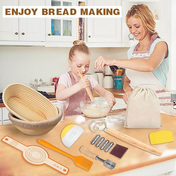 HZPOINTONE BANNETON PROOFING BASKETS SET OF 2, SOURDOUGH BAKING SUPPLIES, BREAD MAKING KIT – 9″ OVAL & 10″ ROUND WITH SILICONE SLING, NATURAL, BPB001