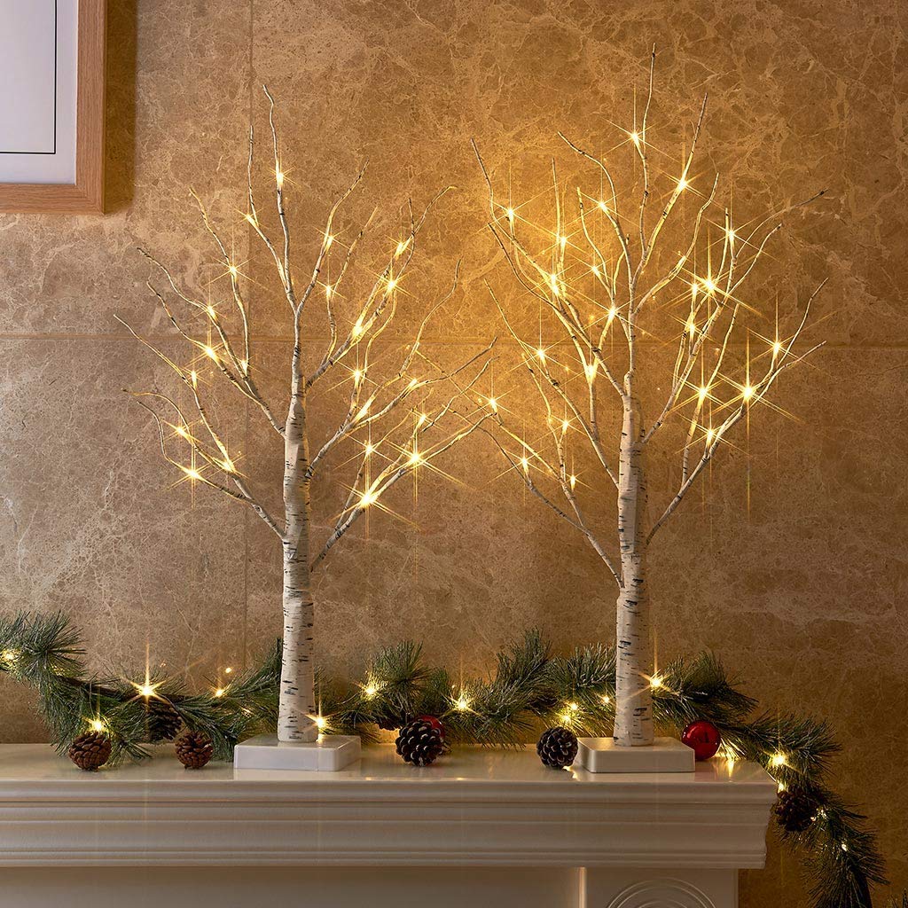 PEIDUO Set of 2 2FT 24LT Birch Tree Battery Powered Warm White LED for Home Decoration, Wedding.