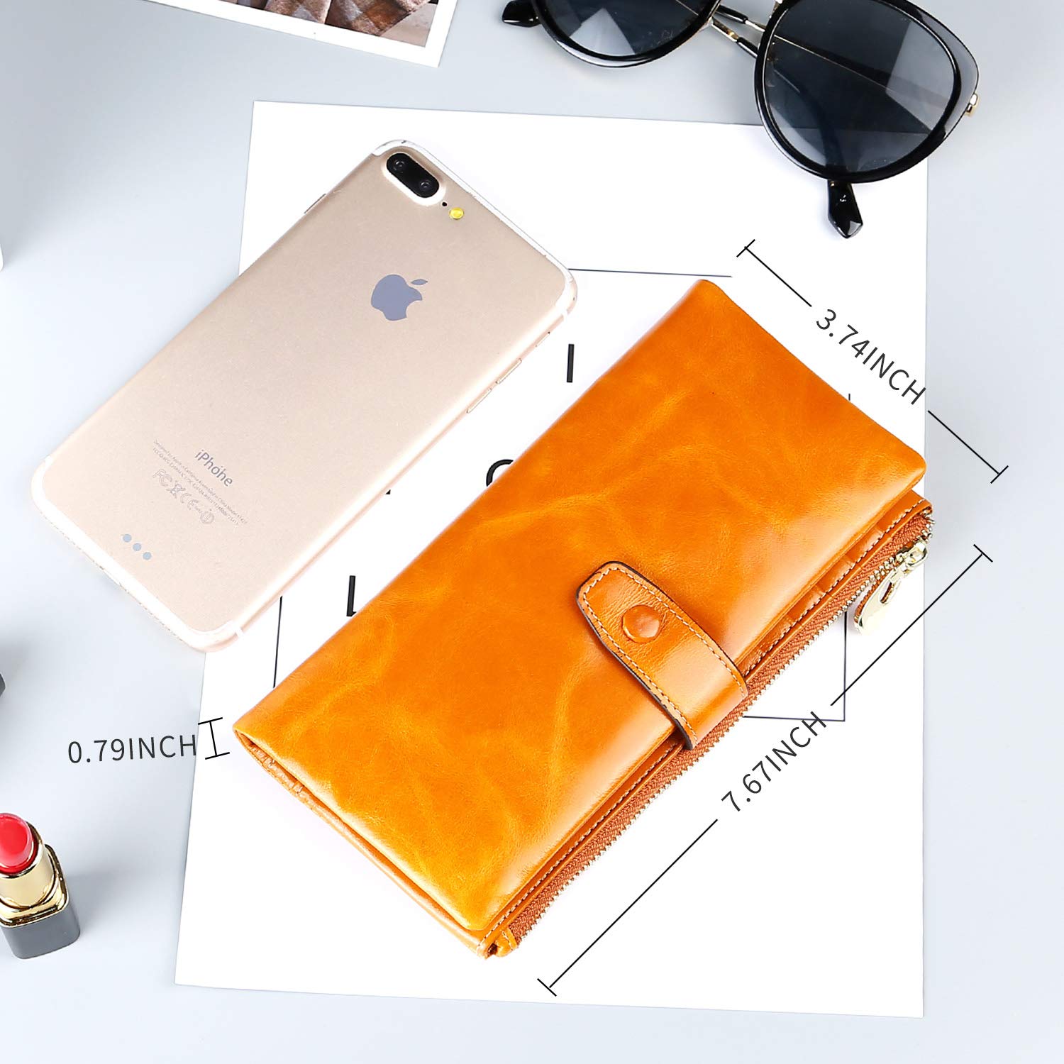 Wallets for Women RFID Bifold Blocking Womens Wallet Large Capacity Minimalist with Zipper Pocket Luxury Wax Genuine Leather Phone Passport Clutch Wallet Wristlet Ladies Purse (Bright orange)