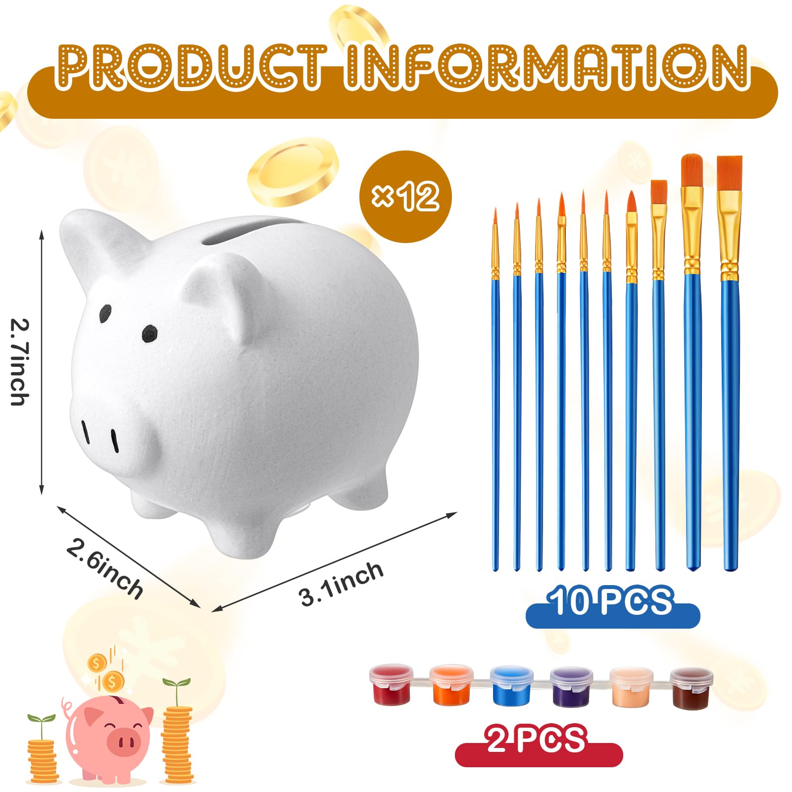 12 Pcs DIY Ceramic Piggy Banks Pig Piggy Coin Banks Unglazed White for Boys Girls with 2 Paint Strips 10 Brushes Money Birthday Festival Fun Home Activities Gift (3.1 x 2.6 x 2.7 Inches)