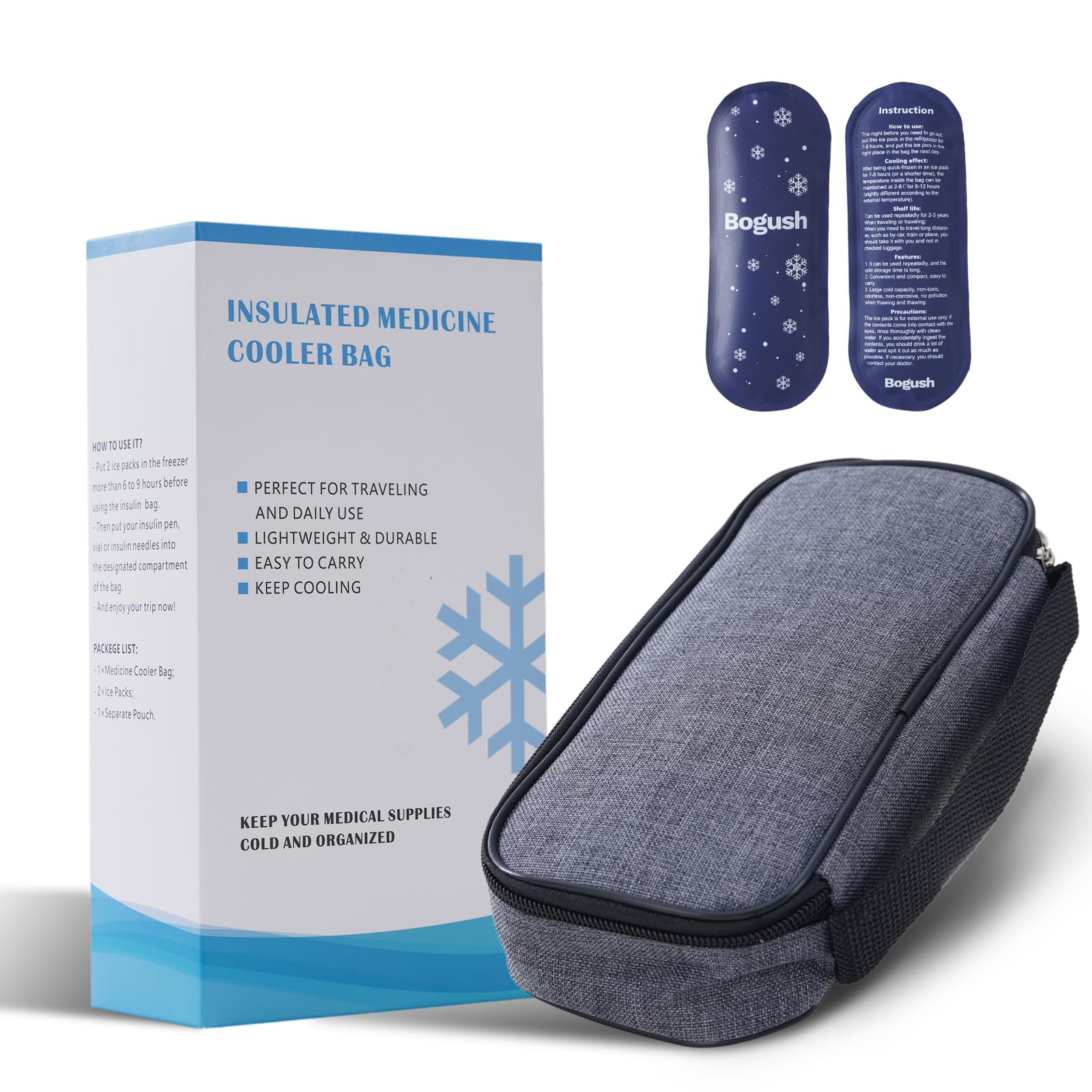 View 1 of Bogush Insulin Cooler Travel Case with 2 Ice Packs for Insulin Pen Diabetic Medical Cooler Bag Portable Medication Cooler Bag for Insulin Pens and Blood Glucose Monitor Supplie (Gray)