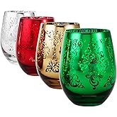 MyGift 4 Piece Stemless Glassware Set, Multicolor Wine Glasses with Etched Baroque Pattern in Mirror Plated Gold Silver Red Green Colors, 16 oz Capacity