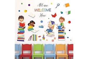 wondever Reading Corner Wall Decals Equality Kids Inspirational Quotes All are Welcome Here Peel and Stick Wall Art Stickers for Reading Room Classroom Kids Room