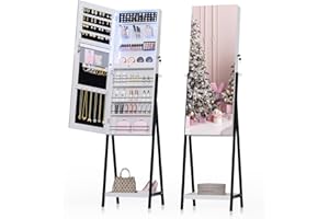 Bonnlo Jewelry Cabinet Full-Length Mirror, Lockable Jewelry Armoire Cabinet Standing with LED Light, Freestanding Jewelry Box,Mirror with Storage Organizer with Cosmetic Storage Shelves