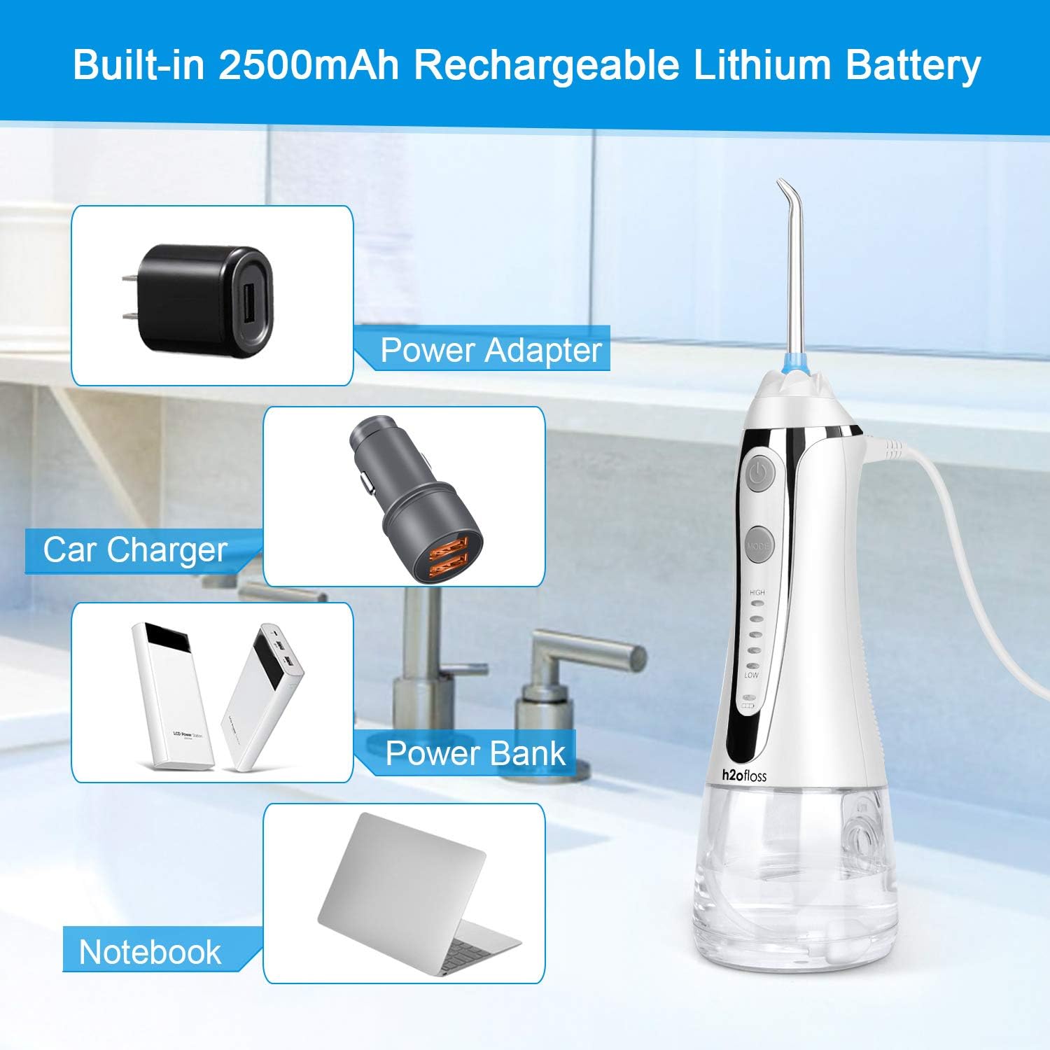 H2ofloss Cordless Water Dental Flosser, Portable Oral Irrigator for Teeth, Braces, Rechargeable & IPX7 Waterproof Teeth Cleaner for Home Travel: Health & Personal Care