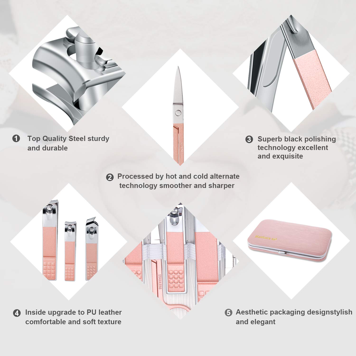 Manicure Set, Travel Mini Nail Clippers Kit Pedicure Care Tools, 10pcs Stainless Steel Grooming kit (Pink) : Beauty