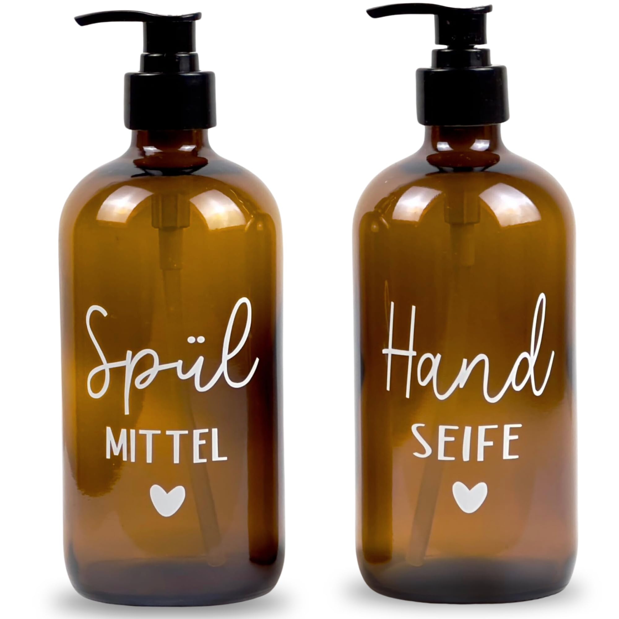 Glas Seifenspender 500ml - Schwarzer Pumpspender, Spülmittelspender für Küche. Handseifenspender für Badezimmer (Braun, Spülmittel + Handseife)