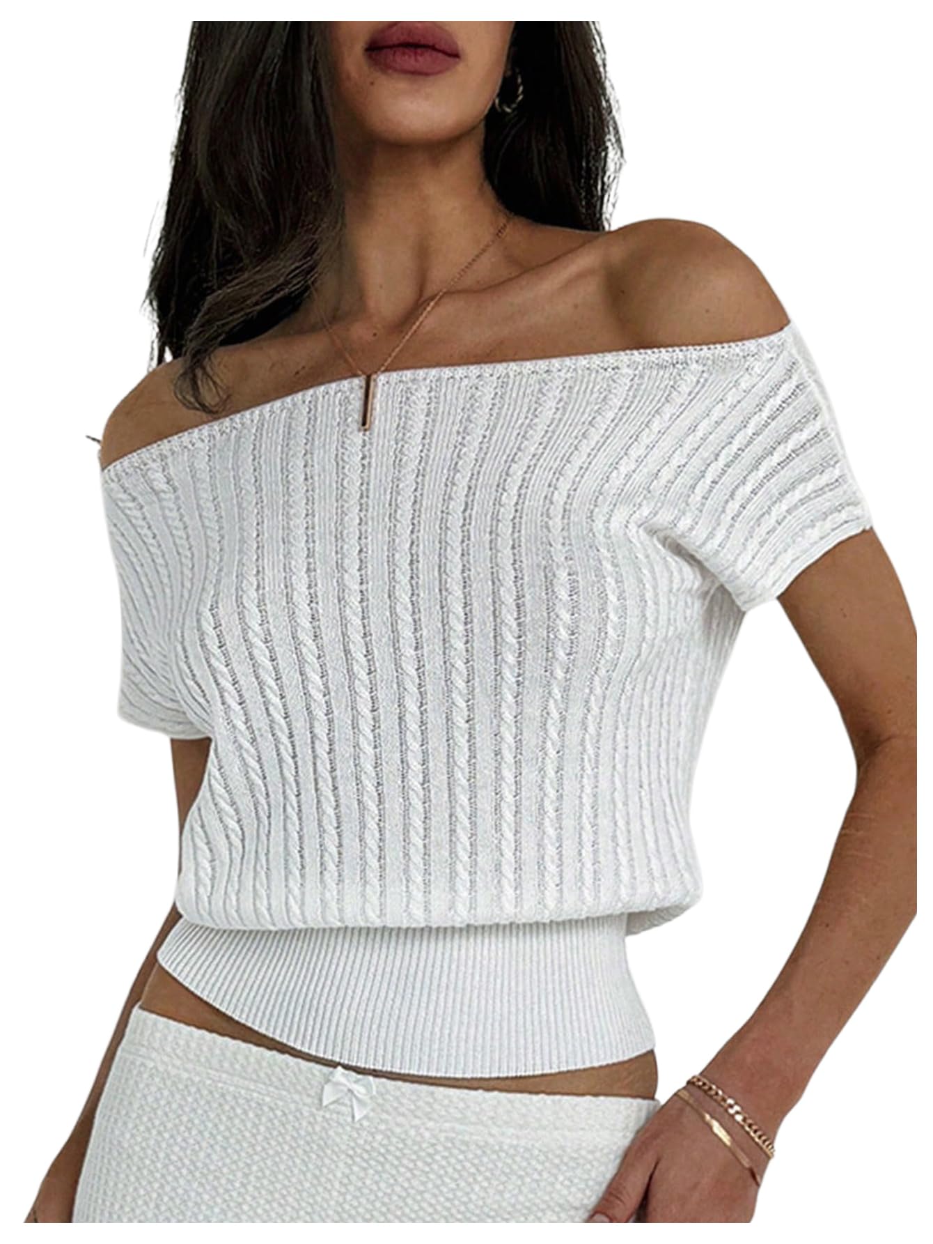 Photo 1 of WDIRARA Women's Off Shoulder Textured Short Sleeve Fitted Waist Knitted Top White Medium