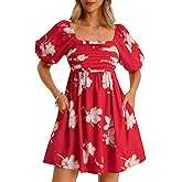 Wenrine Womens Summer Square Neck Mini Dresses Casual Floral Puff Short Sleeve Smocked High Waisted A-Line Babydoll Dress