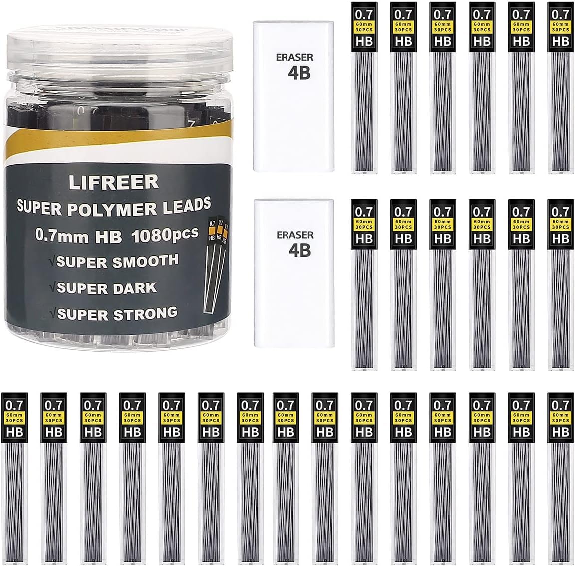 Lifreer 0.7mm Pencil Lead Refills (1080 Pcs), Unbreakable Lead with 2 Premium Erasers, Long Lasting HB Refills for Students & Professionals
