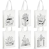 Sweetude 6 Pcs Book Club Gifts Cute Canvas Tote Bags with Pocket Aesthetic Book Lovers Librarian Bookish Readers Birthday Gifts for Women Reading Accessories Library Present