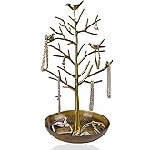 ChezMax Jewelry Display Necklace Earring Organizer Holder Metal Birds Tree Stand with Tray Antique Bracelet Rings Rack Tower Decoration for Women Girl 11.8 Inch