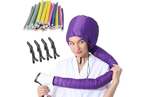 FIEWMAY 3 in 1 Pack 24 pcs Flexi Soft Hair Curler Rollers Curling Rods with Hair Dryer Bonnet Attachment and 4 Styling Clips (Hair Rollers + Purple Drying Hood)
