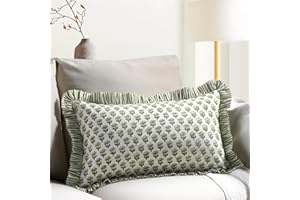 CPC COTTON PRINT CLUB CPC Emerald Green 100% Cotton Block Print Ruffle Sham Cover 12x20 inch, Handmade Boho Floral Pillowcase, Farmhouse Cottagecore Bedding, Soft Decorative Cushion Cover for Bedroom Décor