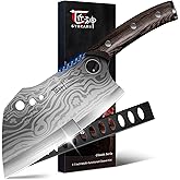 SYOKAMI Meat Cleaver Chef Knife with Sheath, 7.7 Inch Butcher Knife with Herb Stripper, Chopping Knife Heavy Duty Bone Cutting, Damascus Pattern Full Tang Wood Handle, Birthday Gift for Men