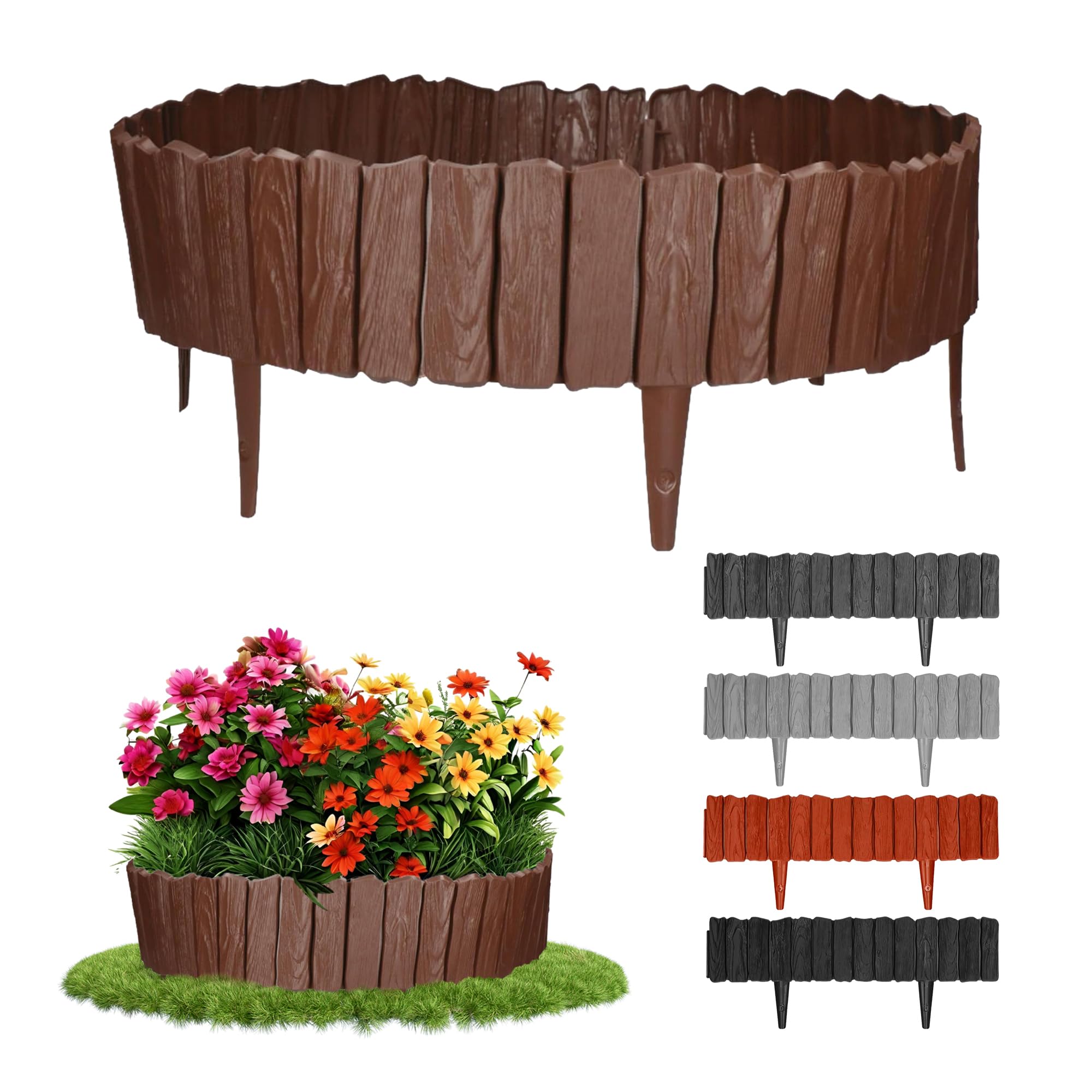 GARDENIX Brown Edging - 2.3m/7.4ft Flexible Garden Edging for Flower Beds, Lawn, Patio & Pavement - Easy Install border, No Digging, Weather-Resistant Plastic, Wood Effect Garden Fence