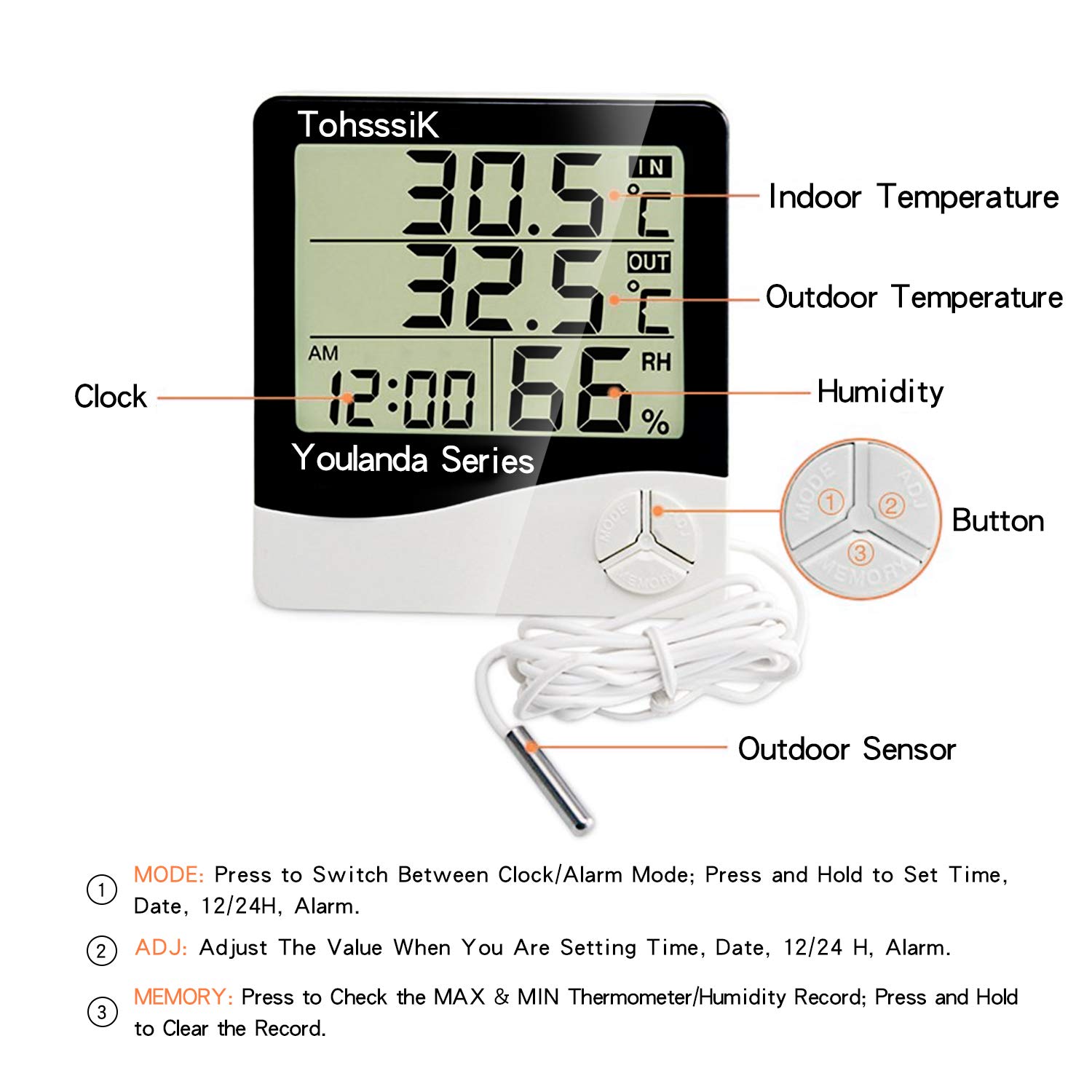 YOULANDA Large Display Indoor Outdoor Thermometer Digital Humidity