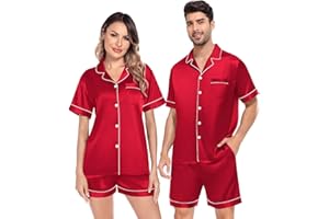 SWOMOG Satin Matching Pajamas Sets Couple Silk Button Down Nightwear Short Sleeve Sleepwear 2 Pieces Loungewear with Shorts