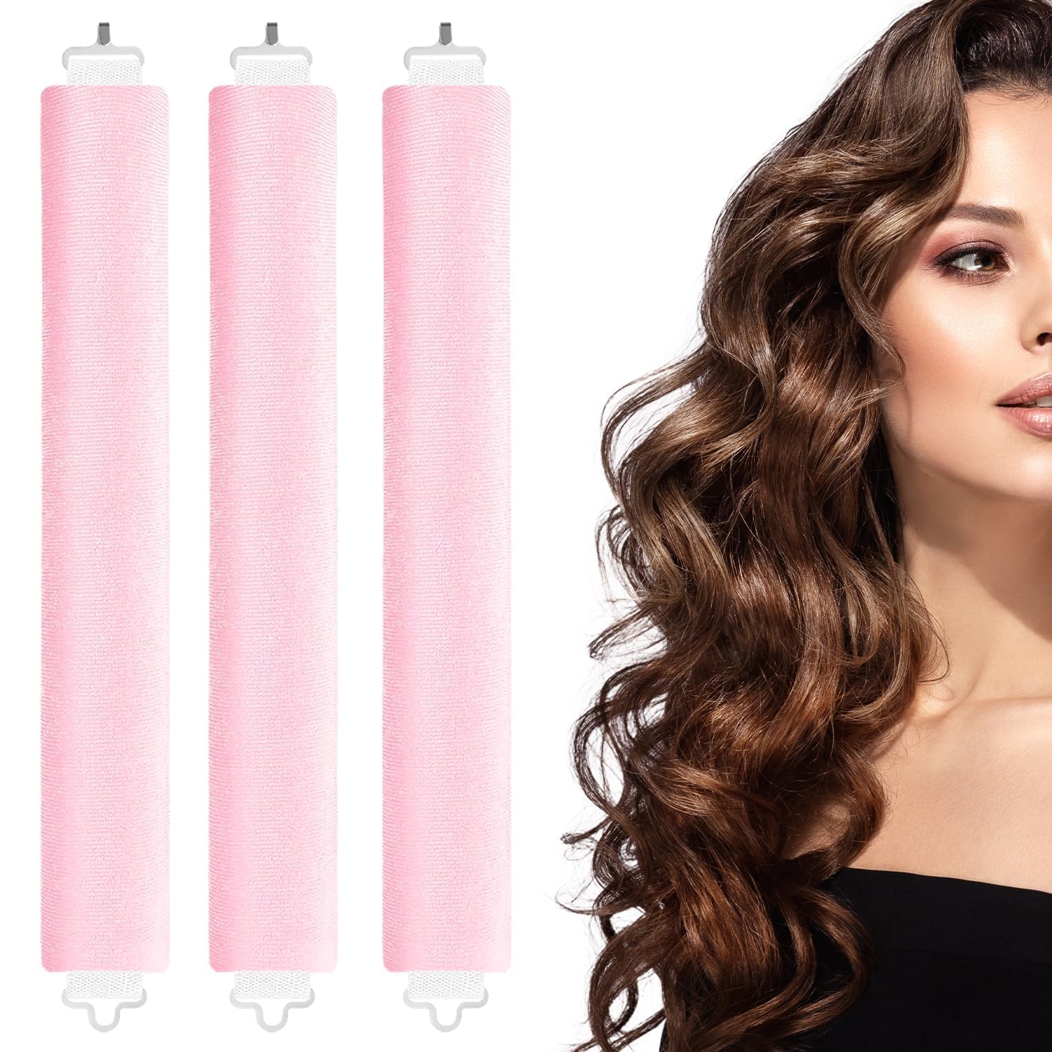 Heatless Curlers 3PCS, No Heat Hair Rollers Headband for Overnight Curls and Long Hair (Pink)