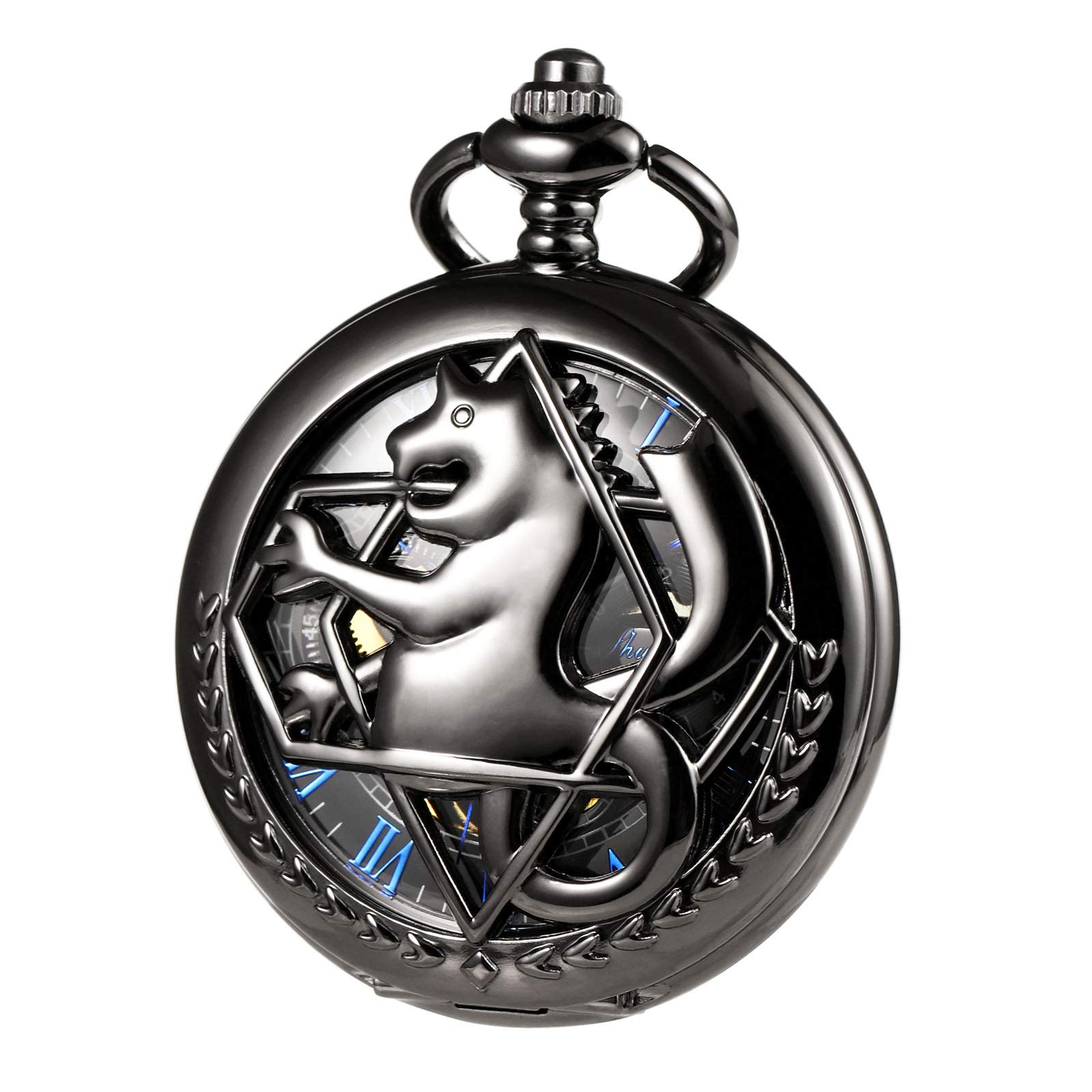 TREEWETO Unisex Mechanical Double Case Metal Alchemist Skeleton Steampunk Pocket Watch for Men Women with Chain