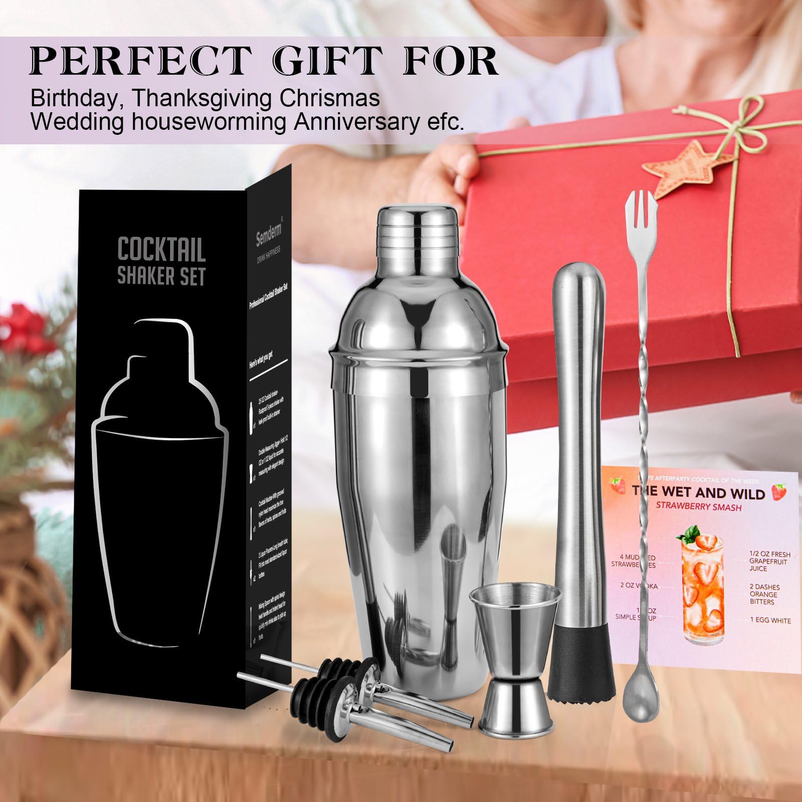 Cocktail Shaker Set, 6-Piece Mixology Bartender Kit Premium Shakers Bartending: Martini Shaker Jigger Mixing Spoon Muddler 2 Pourers Bar Tools Set with Built-in Bartender Strainer for Drink Shaker - Image 9