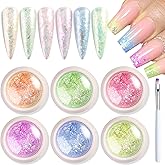 Furtherpretty Iridescent Nail Flakes, 6 Colors Opal Nail Foil Flakes Mermaid Aurora Effect Chunky Irregular Sequin Pink Blue Green Purple Chameleon Flakes Nail Glitter with Brush, Nail Art Decoration